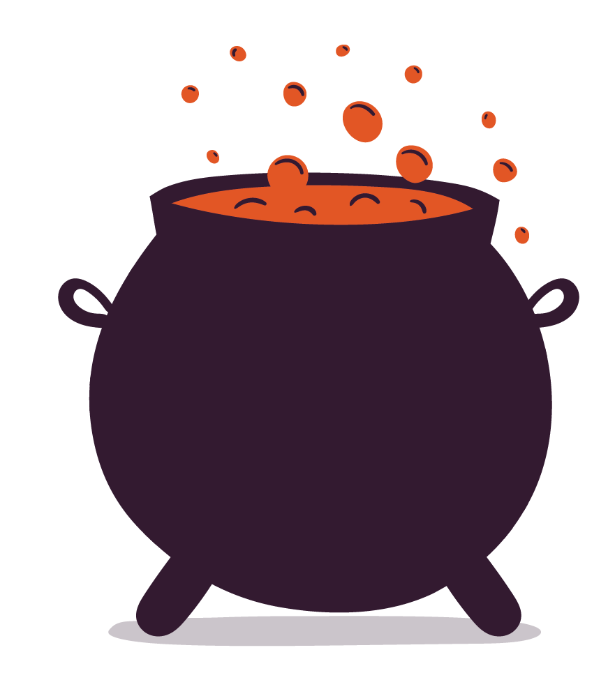 Illustration of a bubbling cauldron with step-by-step instructions for getting a Halloween-themed logo makeover.