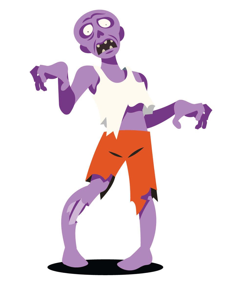 Cartoon purple zombie with QR code and payment link for Halloween logo redesign service.